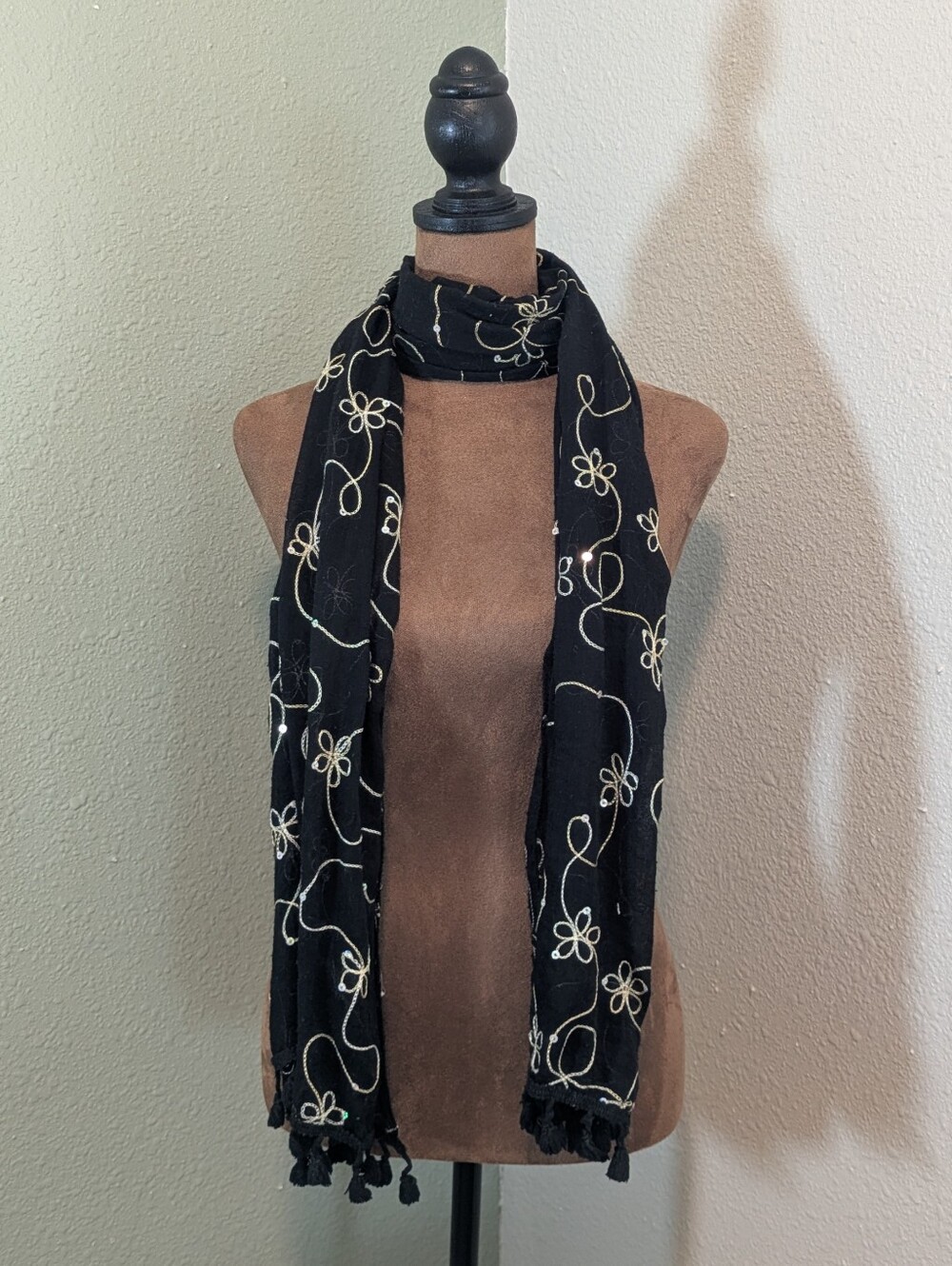 Black Embroidered Floral Scarf